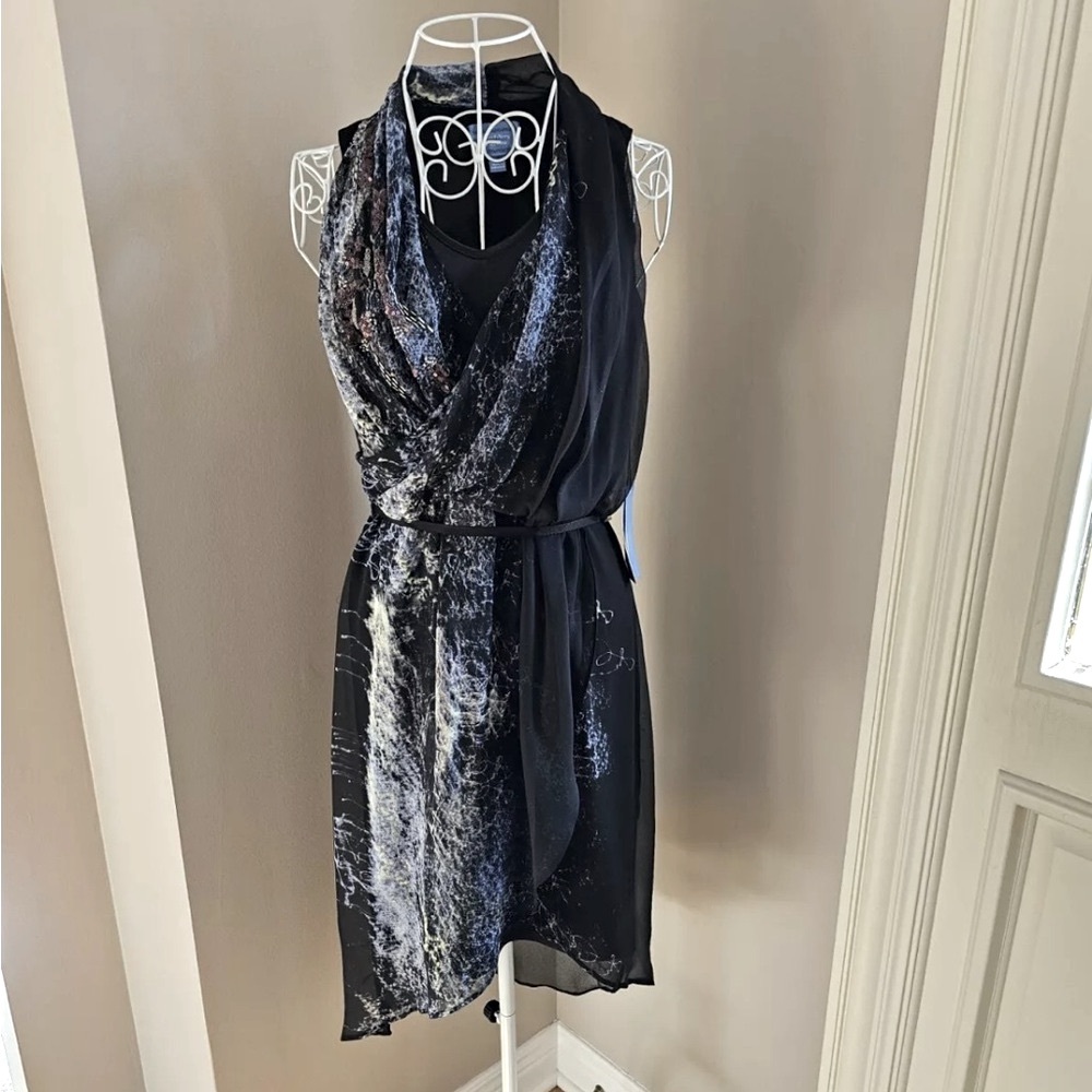 🆕 Vera Wang Black Chiffon Beaded Faux Wrap Special Occasion Dress, Size XS